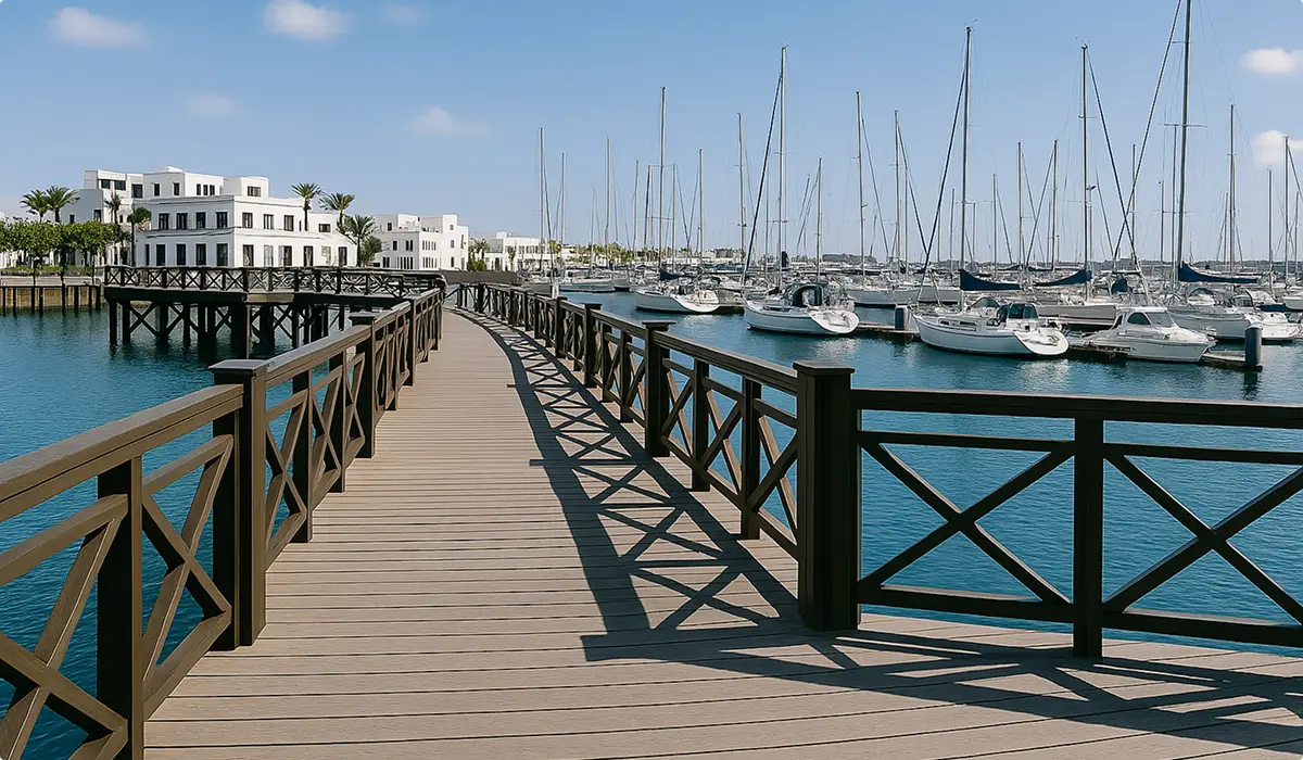 Holzbrücke über den Yachthafen Holzbrücke für Fußgänger in der Marina Rubicón in Playa Blanca